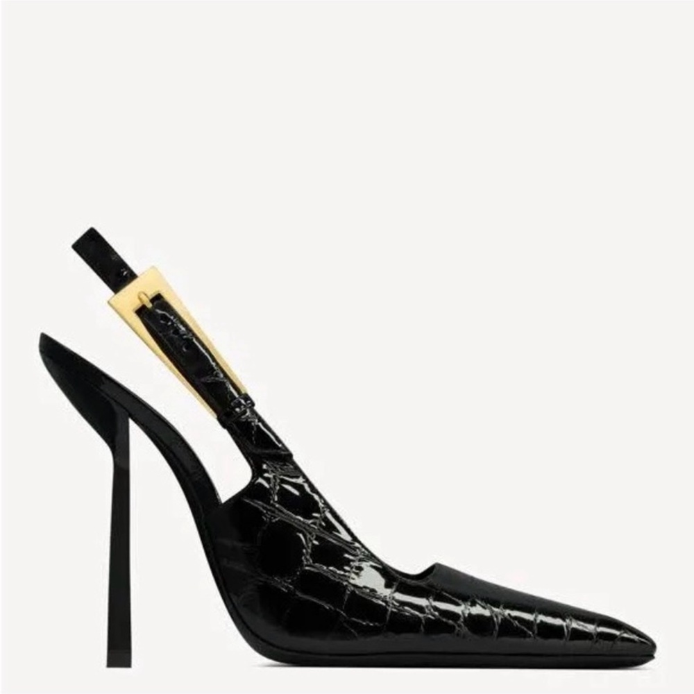 Saint Laurent Slingback Graham Shoes Croc-Embossed Heels Size 7